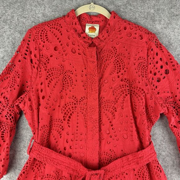 Farm Rio Red Eyelet Lace Palm Tree Belted Mini Dress Womens M Button Pockets - Picture 2 of 16